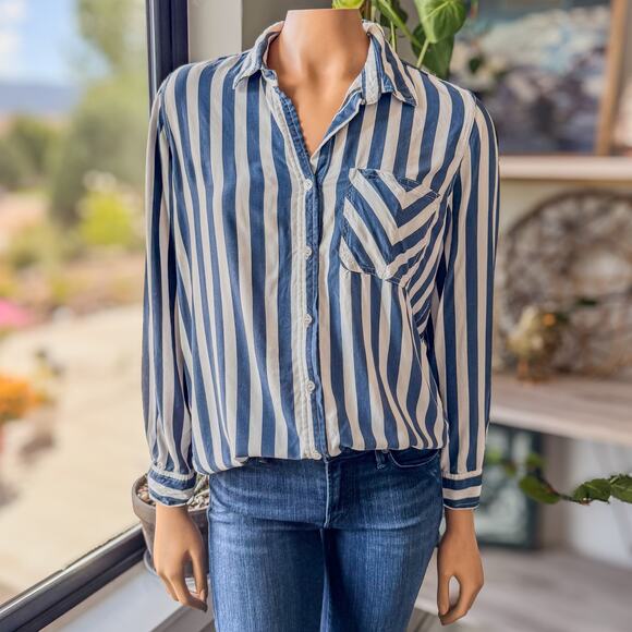 Velvet Heart Los Angeles, Navy & White Striped Button Up Collared Shirt, Medium - Picture 1 of 8